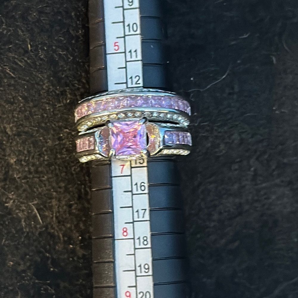 Silvertone Double Ring Set Size 7 – Pink Stones Fashion Jewelry Stackable